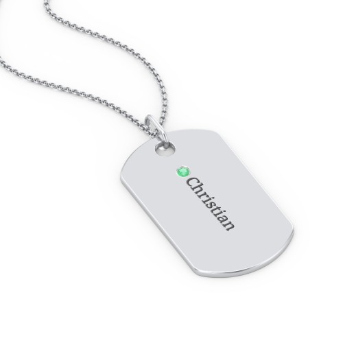 Engravable Dog Tag Necklace with 1 Birthstone – Sterling Silver with Emerald