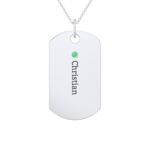 Engravable Dog Tag Necklace with 1 Birthstone – Sterling Silver with Emerald