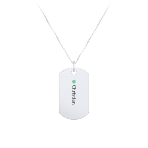 Engravable Dog Tag Necklace with 1 Birthstone – Sterling Silver with Emerald