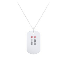 Engravable Dog Tag Necklace with 2 Birthstone in 925 Sterling Silver with Garnet