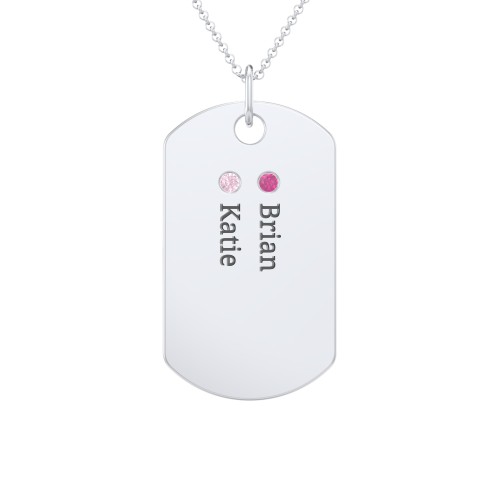 Engravable Dog Tag Necklace with 2 Birthstone – Sterling Silver with Ruby and Pink Tourmaline