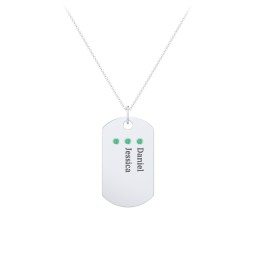 Engravable Dog Tag Necklace with 3 Birthstone in 925 Sterling Silver with Emerald