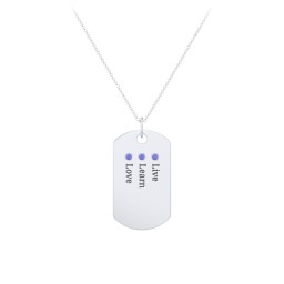 Engravable Dog Tag Necklace with 3 Birthstone in 925 Sterling Silver with Blue Sapphire