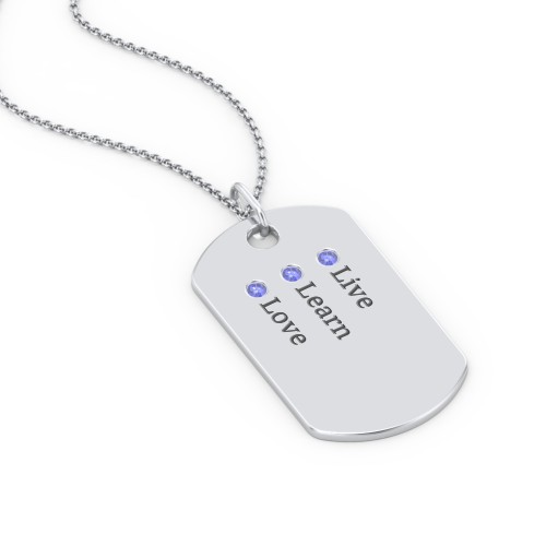 Engravable Dog Tag Necklace with 3 Birthstone – Sterling Silver with Blue Sapphire