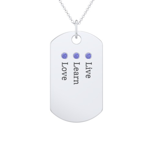 Engravable Dog Tag Necklace with 3 Birthstone – Sterling Silver with Blue Sapphire