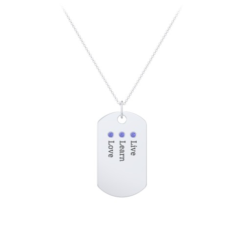 Engravable Dog Tag Necklace with 3 Birthstone – Sterling Silver with Blue Sapphire