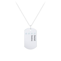 Engravable Dog Tag Necklace with 4 Birthstone in 925 Sterling Silver with Blue Topaz