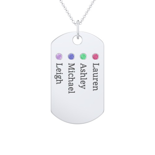Engravable Dog Tag Necklace with 4 Birthstone – Sterling Silver with Ruby, Emerald, Blue Sapphire, and Amethyst
