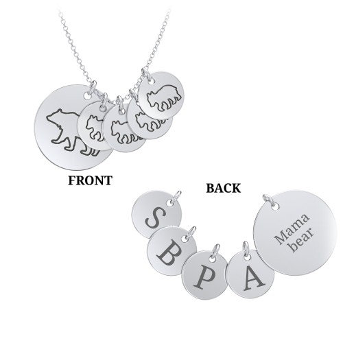 Engravable Mama Bear & 4 Cub Disc Necklace – Sterling Silver