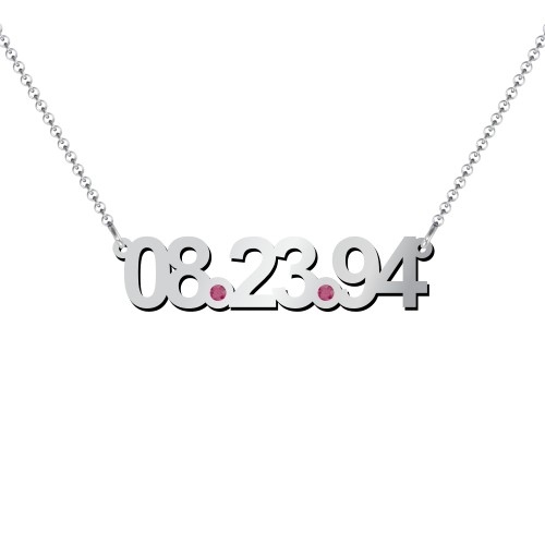 Date Necklace with Birthstones – Sterling Silver with Ruby