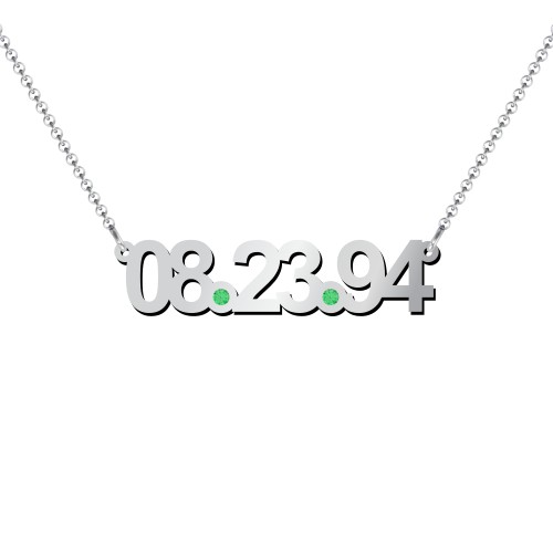Date Necklace with Birthstones – Sterling Silver with Emerald