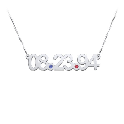 Date Necklace with Birthstones – Sterling Silver with Blue Sapphire and Garnet