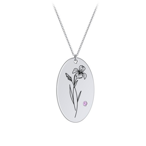 February Birth Flower Disc Necklace with Gemstone