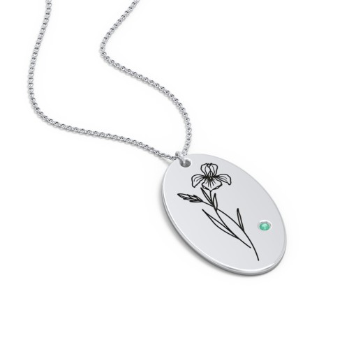 February Birth Flower Disc Necklace with Gemstone – Sterling Silver with Emerald