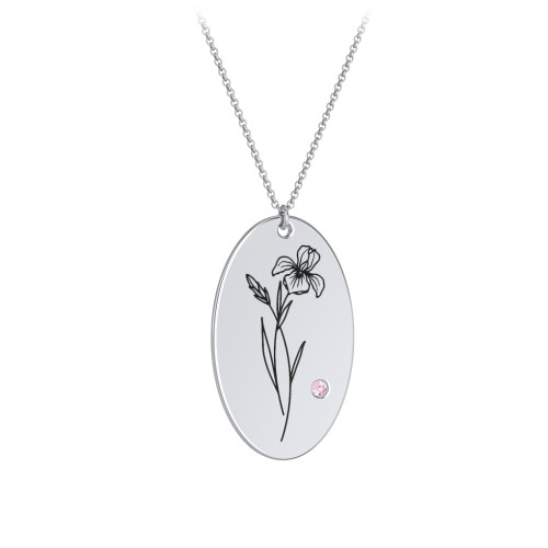 February Birth Flower Disc Necklace with Gemstone – Sterling Silver with Pink Tourmaline
