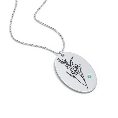 August Birth Flower Disc Necklace with Gemstone – Sterling Silver with Emerald
