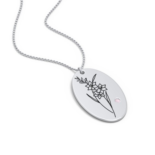 August Birth Flower Disc Necklace with Gemstone – Sterling Silver with Pink Tourmaline