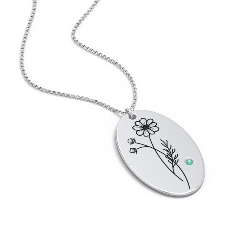 October Birth Flower Disc Necklace with Gemstone – Sterling Silver with Emerald