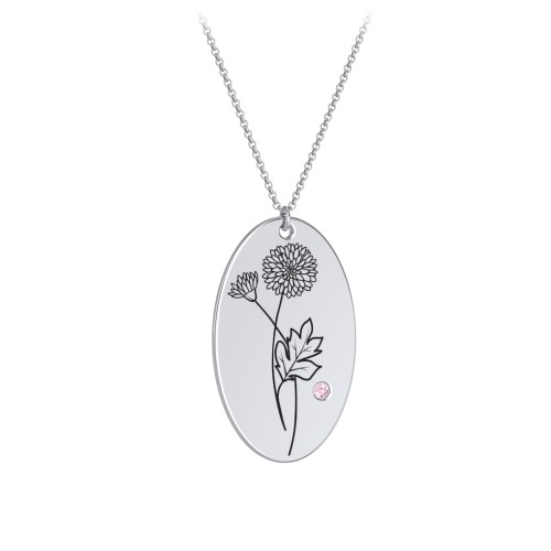 November Birth Flower Disc Necklace with Gemstone – Sterling Silver with Pink Tourmaline