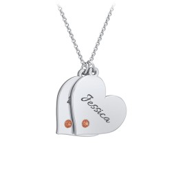 Engravable Hanging 2 Hearts Necklace with Birthstones in 925 Sterling Silver with Garnet