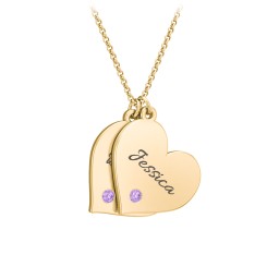 Engravable Hanging 2 Hearts Necklace with Birthstones in 10K Solid Yellow Gold with Amethyst