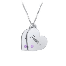 Engravable Hanging 2 Hearts Necklace with Birthstones in 925 Sterling Silver with Amethyst