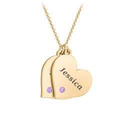 Engravable Hanging 2 Hearts Necklace with Birthstones in 10K Solid Yellow Gold with Amethyst