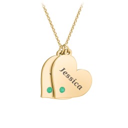 Engravable Hanging 2 Hearts Necklace with Birthstones in 10K Solid Yellow Gold with Emerald