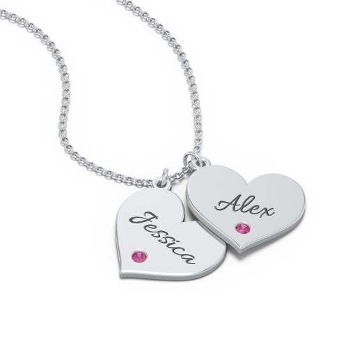 Engravable Hanging 2 Hearts Necklace with Birthstones – Sterling Silver with Ruby