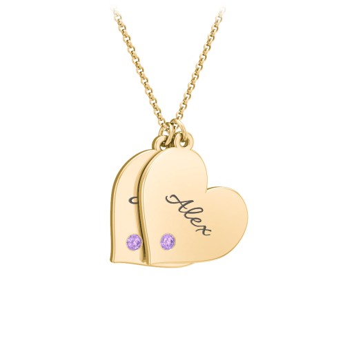 Engravable Hanging 2 Hearts Necklace with Birthstones – 10K Yellow Gold with Amethyst