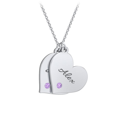 Engravable Hanging 2 Hearts Necklace with Birthstones – Sterling Silver with Amethyst