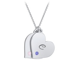 Engravable Hanging 2 Hearts Necklace with Birthstones in 925 Sterling Silver with Pink Tourmaline and Blue Sapphire