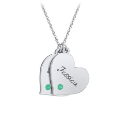 Engravable Hanging 2 Hearts Necklace with Birthstones in 925 Sterling Silver with Emerald