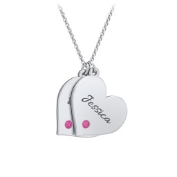 Engravable Hanging 2 Hearts Necklace with Birthstones in 925 Sterling Silver with Ruby