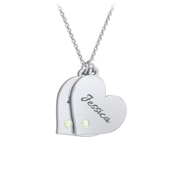 Engravable Hanging 2 Hearts Necklace with Birthstones in 925 Sterling Silver with Peridot
