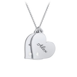 Engravable Hanging 2 Hearts Necklace with Birthstones in 925 Sterling Silver with Diamond