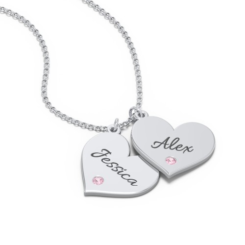 Engravable Hanging 2 Hearts Necklace with Birthstones – Sterling Silver with Pink Tourmaline