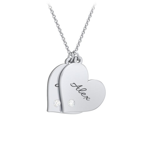 Engravable Hanging 2 Hearts Necklace with Birthstones – Sterling Silver with Diamond