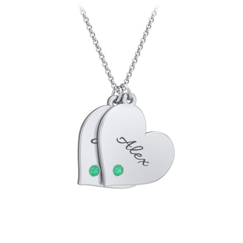 Engravable Hanging 2 Hearts Necklace with Birthstones – Sterling Silver with Emerald