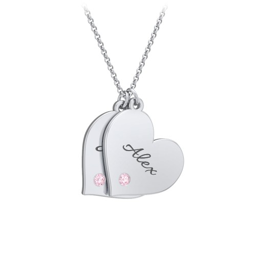 Engravable Hanging 2 Hearts Necklace with Birthstones – Sterling Silver with Pink Tourmaline