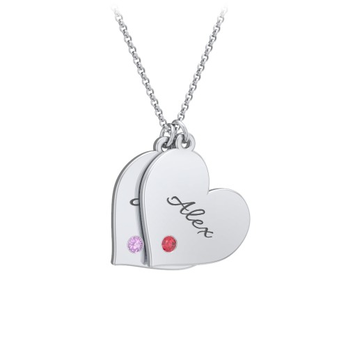 Engravable Hanging 2 Hearts Necklace with Birthstones – Sterling Silver with Amethyst and Garnet