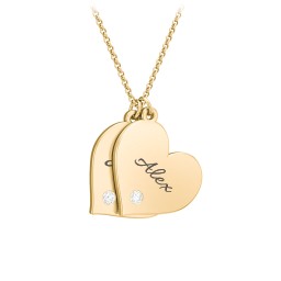 Engravable Hanging 2 Hearts Necklace with Birthstones in 10K Solid Yellow Gold with Diamond