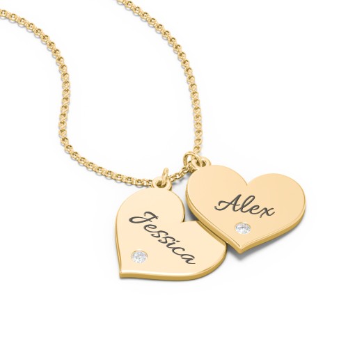 Engravable Hanging 2 Hearts Necklace with Birthstones – 10K Yellow Gold with Diamond