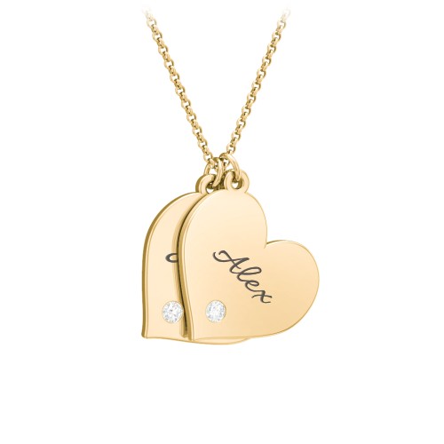 Engravable Hanging 2 Hearts Necklace with Birthstones – 10K Yellow Gold with Diamond