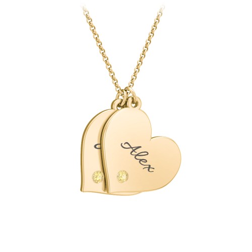 Engravable Hanging 2 Hearts Necklace with Birthstones – 10K Yellow Gold with Citrine