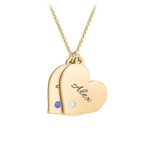 Engravable Hanging 2 Hearts Necklace with Birthstones – 10K Yellow Gold with Blue Sapphire and Blue Topaz