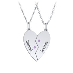 Engravable Split Heart Couples Necklace Set with Birthstones