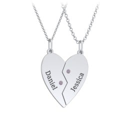 Engravable Split Heart Couples Necklace Set with Birthstones