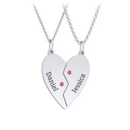 Engravable Split Heart Couples Necklace Set with Birthstones