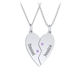 Engravable Split Heart Couples Necklace Set with Birthstones in 925 Sterling Silver with Amethyst
